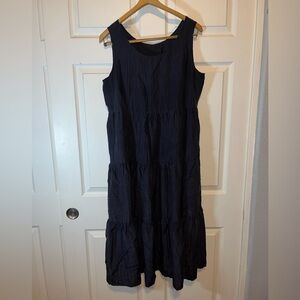 Eileen Fisher 100% Silk Scrunch Black Tiered Midi Dress